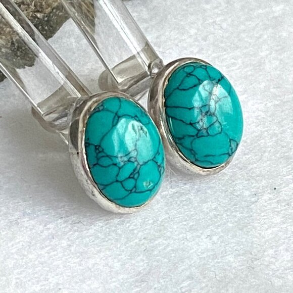 Sterling Silver 925 Oval Dyed Howlite Faux Turquoise Necklace & Earring Set - Picture 6 of 16